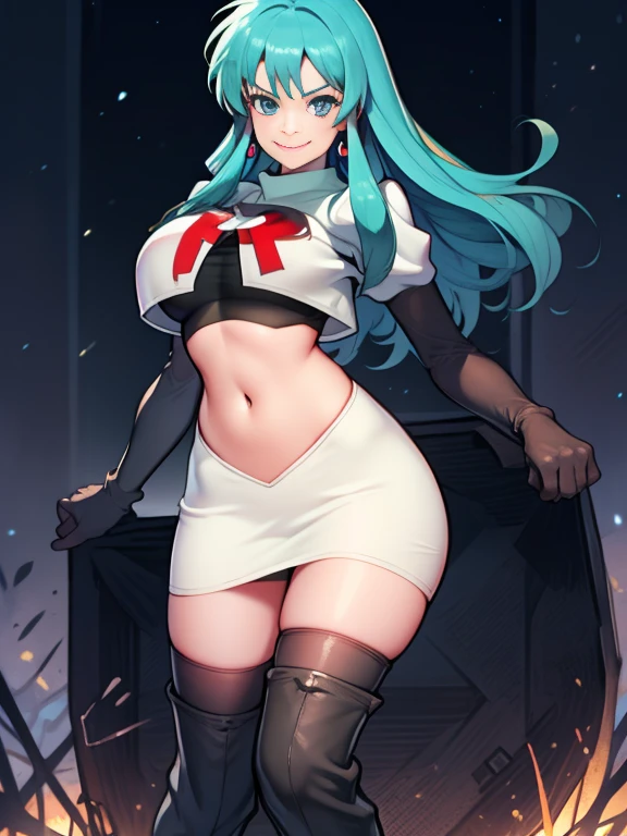 Eirika, Team rocket, team rocket uniform, red letter R, white skirt,white crop top,black thigh-high boots, black elbow gloves, evil smile, night sky background, earrings, large breasts, high-heeled boots