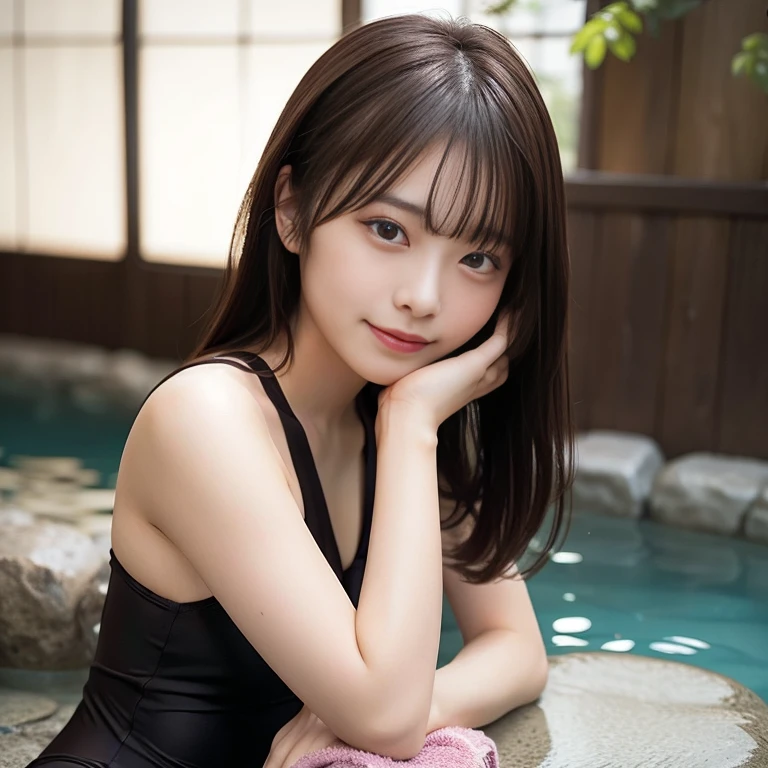 In 8K,highest quality:1.4, 超A high resolution:1.5, (Realistic:1.4),masterpiece:1.2,(highest quality:1.4)、 RAW Photos、 (The background is blurred), hot spring, Japanese girl, cute, (alone:1.4), (A shy smile), Smooth skin、bath towel:1.3、 (Brown medium hair,bangs), (Touching your hair:1.4),Nogizaka,cute swimsuit,Flexible fingertips,Beautiful dark eyes、dual、Natural skin texture:1.3, Realistic eye and facial details:1.7、Mid-breasted、evening、Sculpture Pose:1.1、Tight ass:1.5、Place your hands behind your head、Staring at the audience、seems to be happy、full body shot