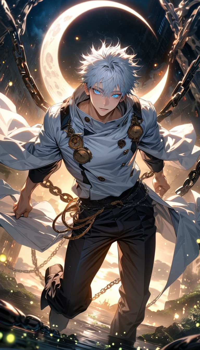 absurdres, highres, ultra detailed, HDR, master piece, best quality, extremely detailed face and eyes, Gojo Satoru, white hair with bangs, hair between the eyes, expressive blue eyes, Jujutsu Kaisen, solo, sexy man, handsome, white coat, black pants, clock mechanical moon, fantasy, chains, fireflies
