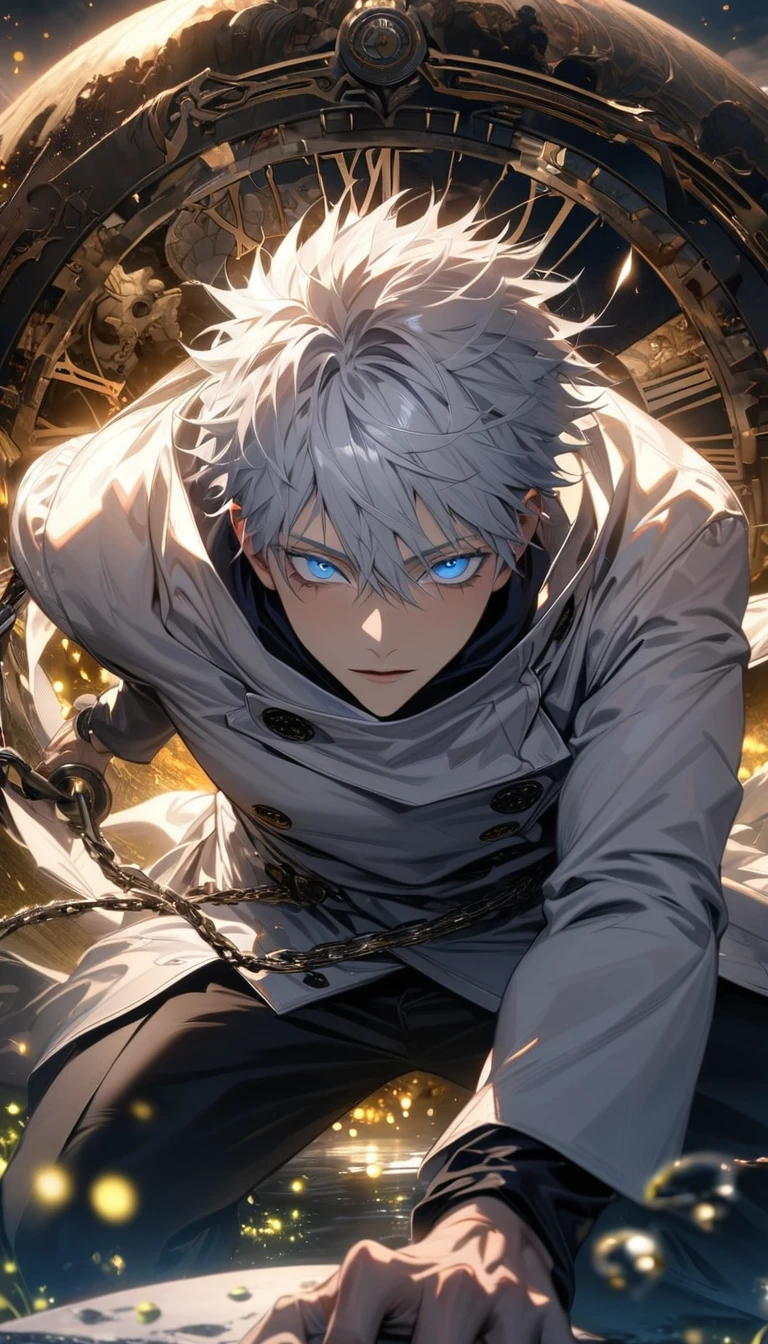 absurdres, highres, ultra detailed, HDR, master piece, best quality, extremely detailed face and eyes, Gojo Satoru, white hair with bangs, hair between the eyes, expressive blue eyes, Jujutsu Kaisen, solo, sexy man, handsome, white coat, black pants, clock mechanical moon, fantasy, chains, fireflies