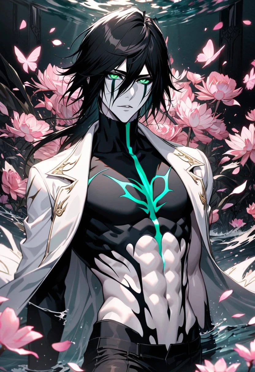 Ultra detailed, Highres, absurdres, Ulquiorra Cifer, black hair, green eyes, pale skin, white long coat with patterns, bleach, pink flowers, petals, extremely handsome, sexy man, toned chest, solo, very detailed eyes and face, black gloves, water, black pants, pink butterflies, black tight t-shirt,