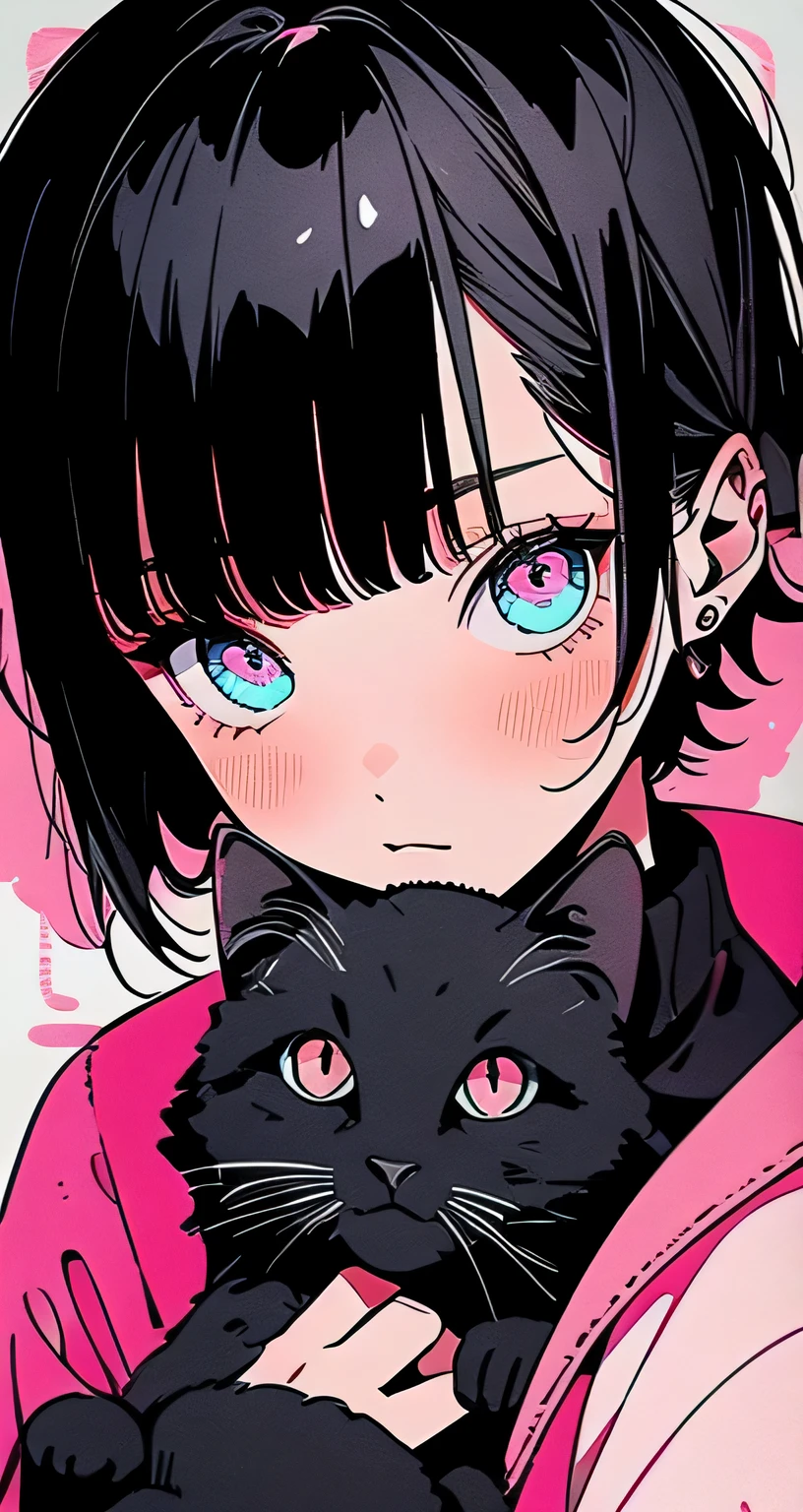 Beautiful youth, Black Hair, short hair, Pink Sweater, Black cat with pink ribbon, Right before the kiss, Cute and stylish room,high quality, Draw Amount, Pixiv illustration, Japanese anime, clear line drawing, Transparent watercolor, Clear shading