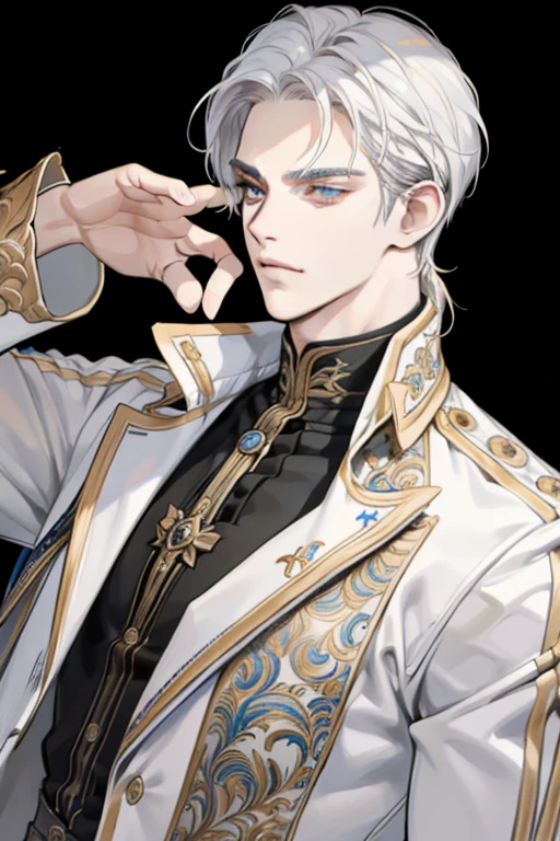 (absurdres, highres, ultra detailed), 1 male, adult, handsome, tall muscular guy, broad shoulders, casual outfit, finely detailed eyes, white color hair, complex pattern, detailed face, modern, city, best ratio four finger and one thumb, menacing, (dutch angle), closed mouth