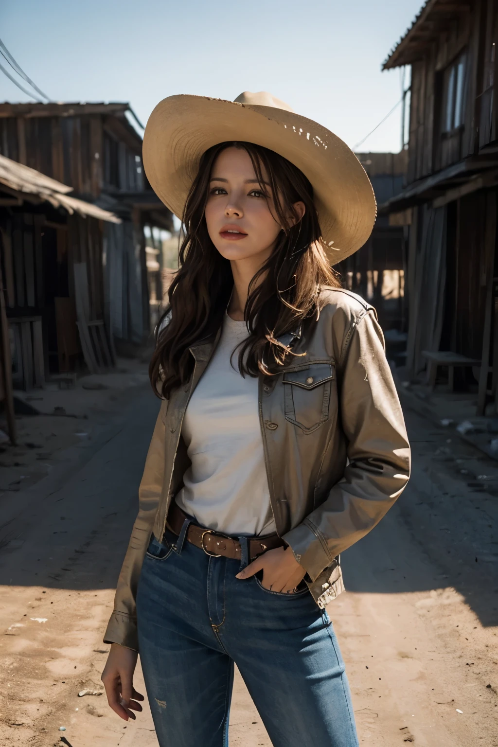 Surreal close-up photo of Kate Beckinsale, masterpiece, best quality, (realistic:1.4), (cowboy outfit, jacket over shirt, dirty pants, cowboy hat) Create dystopian masterpieces. western theme, dusty atmosphere, Wooden building, The setting sun casts a long shadow, old and worn out clothes, expectations in the air, a violent confrontation, empty street, deserted village, Beautiful woman, thin, , brown straight hair, detailed face, laugh, photo taken from afar, 20 years old tears
