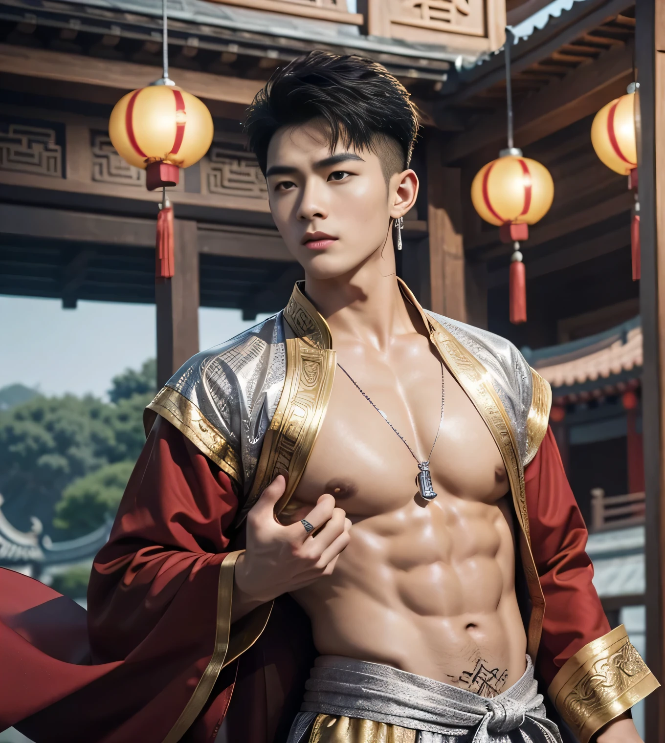 2 Handsome chinese guy fucking, having sex, full naked , 20 years old,hug, cuddle, touching lips, skin ship, romantic, Asian, chinese hansome actor, kpop idol, handsome male model,manly, master work, best picture quality, higher quality, high detail, super high resolution, 8k resolution, perfect eyes, perfect skin, manly jawline, manly chin, perfect hands, big chest muscles, bare chest, tattoos chest, tattoo hands, tattoo arms,earings, ancient pendents, braceles, glowing eyes, short hair, hair details, detailed background , open Hanfu transparent tulle jacket, ((red and golden clothes with silver decoration)), super sexy loincloth, naked, long big erection dick, detailed perfect dick shape, masturbate, Chinese garden background, Chinese kung fu, dragon-themed costumes, monk robes, spinning floating particles, chinese temple in background, looking at viewer