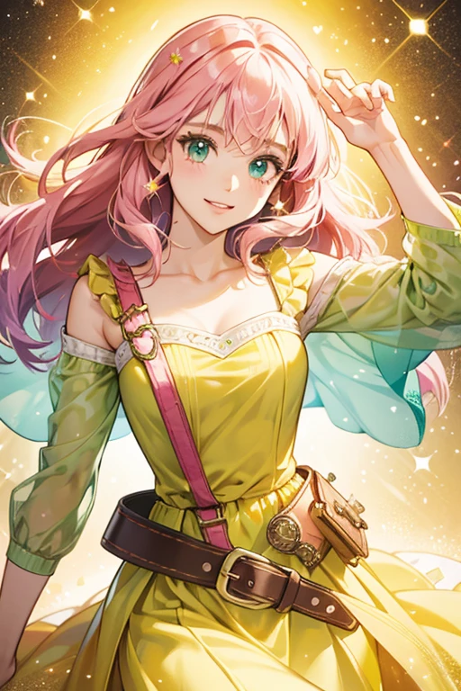 She has a pink head with a green body. She wears a yellow dress with a white trim, and has a brown belt buckle.. SPARKLE; GLITTER