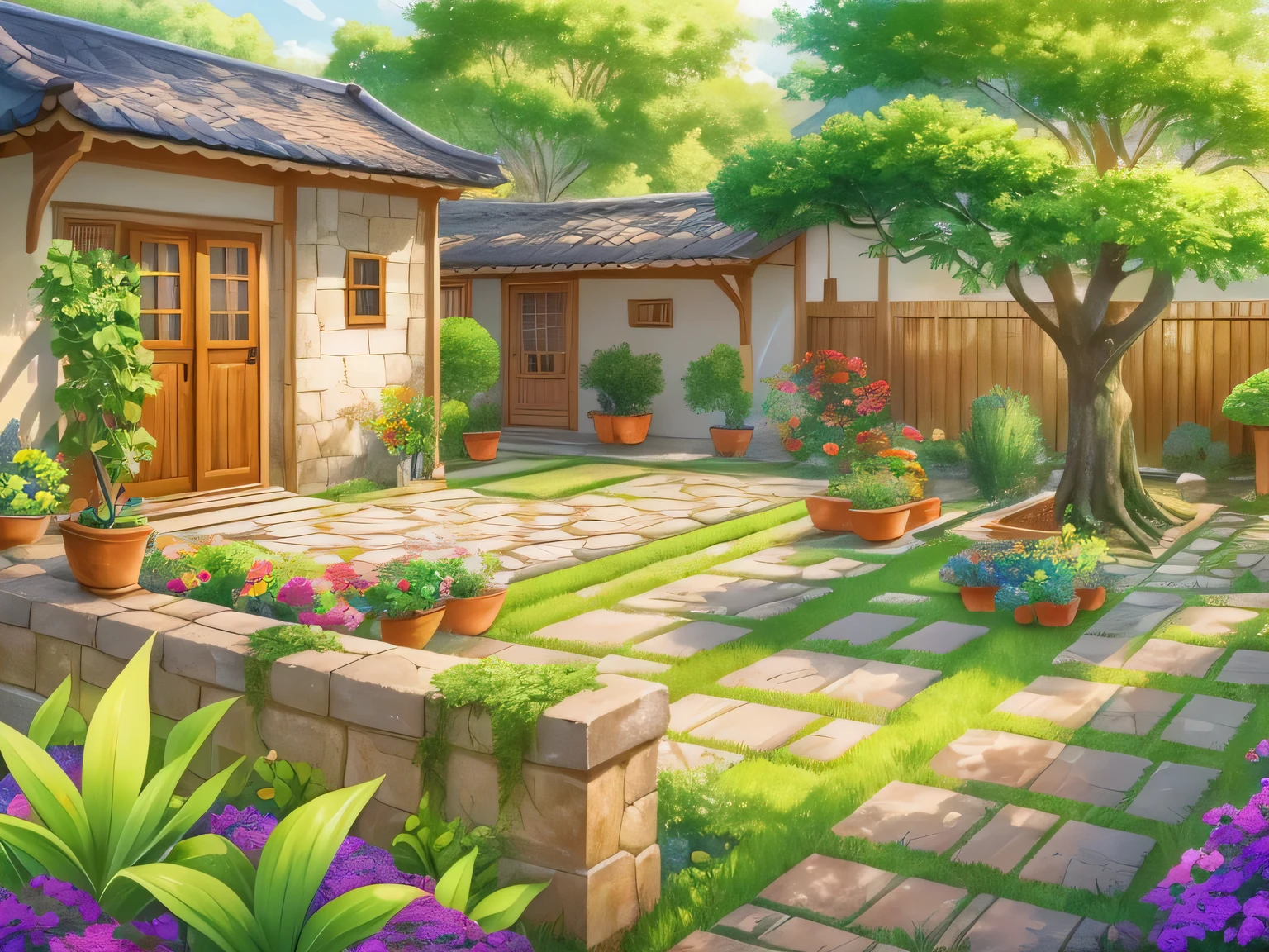 Anime Landscape of a courtyard with a house and trees, anime background technology, background technology, Anime Background, background technologywork, beautiful Anime Landscape, Landscape Artwork, Detailed scenery —width 672, Anime Landscape, Anime Landscape concept art, Garden Background, Realistic Garden, anime rural scenery, In the anime painter studio, House background, Produced in collaboration with Anime Painter Studio，Overall light green。
