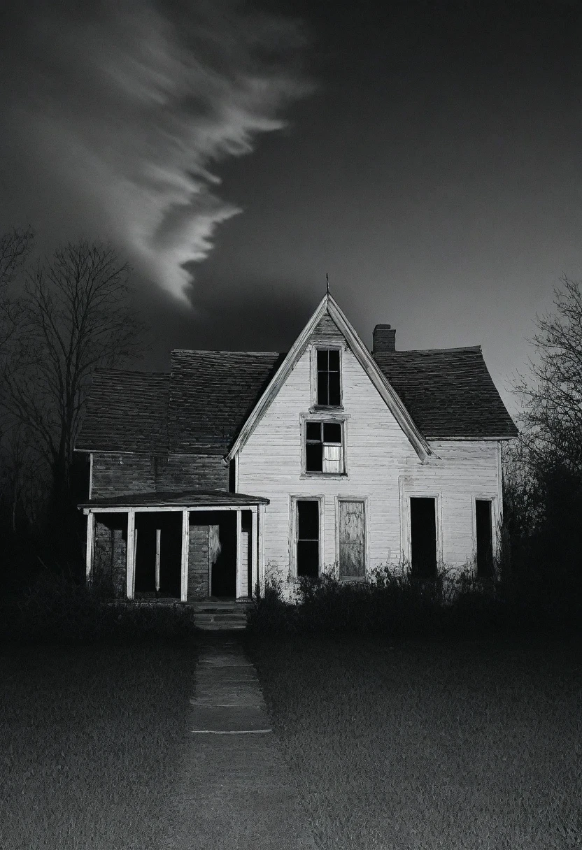 vintage, black metal style vintage distressed black and white xerox of an evil spirit haunting a house a night, {{{masterpiece}}}, best quality, {{top quality}}, (black metal album cover), black and white pencil ansel adams picture of the experience of madness in the context of depression