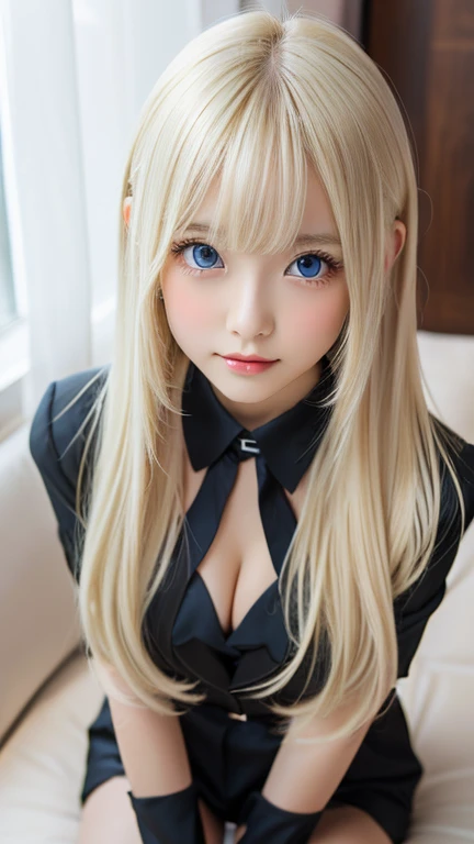 highest quality Shining, clear, white skin、Her windblown blonde hair hides her beautiful face、huge、20 years old cute y little beautiful face、Beautiful straight hair that stands out、growing up, Sparkling light blue eyes、long silky bangs that cover cute eyes, Sexnd cute young woman with super long hair hiding her sexy f、Super long, natural platinum blonde shiny hair Beautiful bangs that cover the forehead and reach the eyebrows Beautiful chest whole body Lower Body Overall image Sensual pose They are trying to seduce me. A devilish look peace sign Cute Gothic Lolita ourying to kiss her with her beautiful lips Sticking out her buttocks