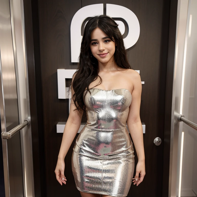 Camila Cabello dressed in tight dress and smiling