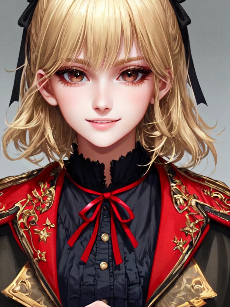 high quality, 最high quality, masterpiece, disorganized, red_Jacket, ribbon, black_eye, blonde_hair, short_hair, hair_ribbon, smile, 1 girl, torn clothes, Cloth,  Dense and beautiful black eyes, beautiful detailed lips, Highly detailed eyes and face, long eyelashes, detailed face, masterpiece, 最high quality, high quality, High resolution, (moonlit night background), Click here for eye line、(((close up of face)))