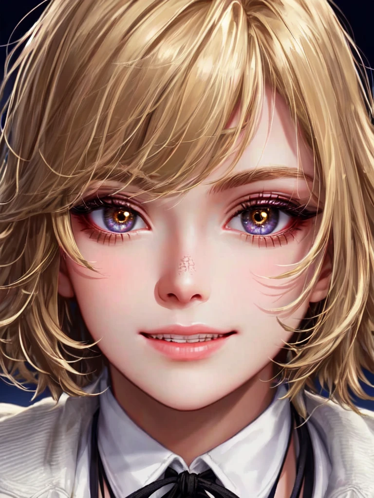 high quality, 最high quality, masterpiece, disorganized, red_Jacket, ribbon, black_eye, blonde_hair, short_hair, hair_ribbon, smile, 1 girl, torn clothes, Cloth,  Dense and beautiful black eyes, beautiful detailed lips, Highly detailed eyes and face, long eyelashes, detailed face, masterpiece, 最high quality, high quality, High resolution, (moonlit night background), Click here for eye line、(((close up of face)))