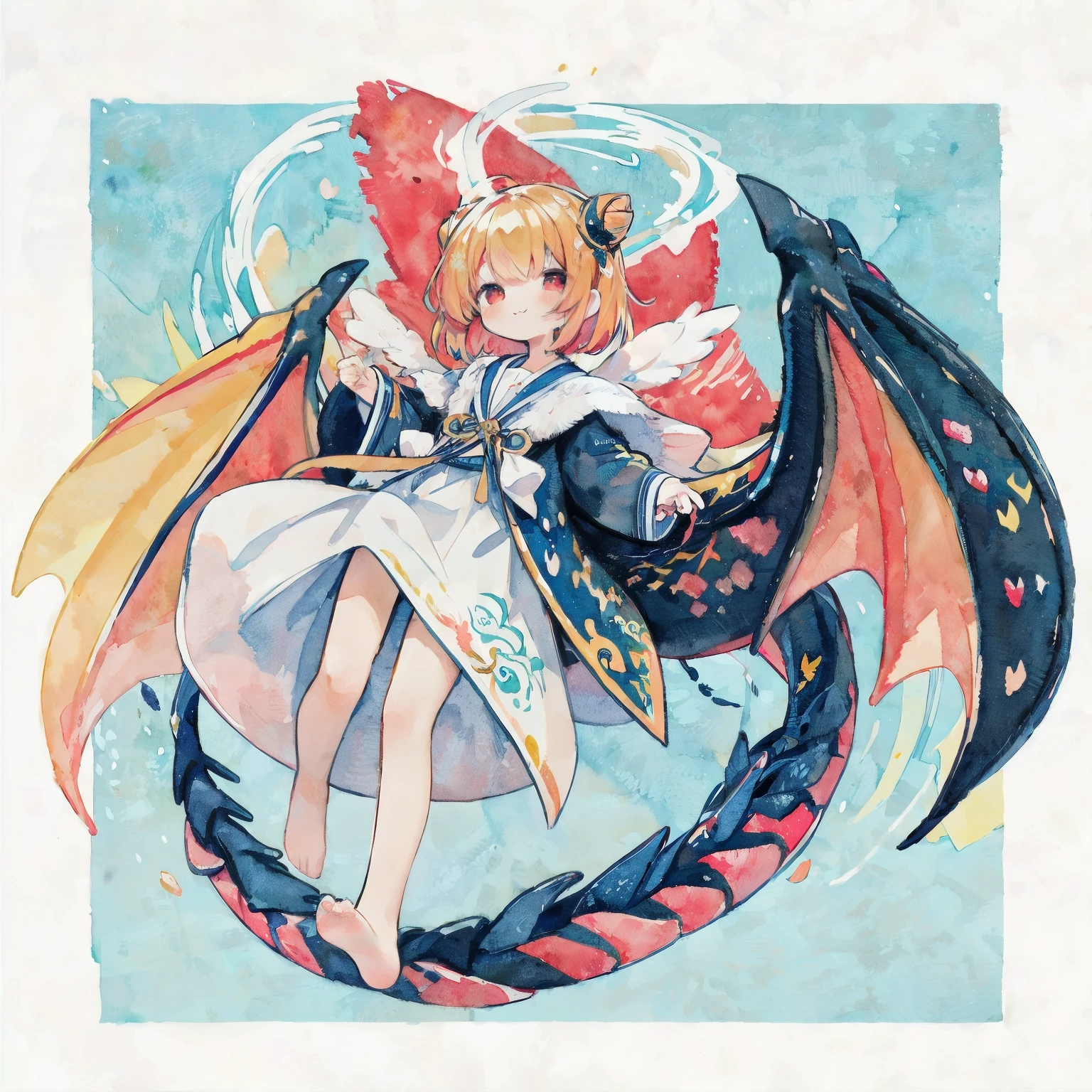 Wearing the heavenly maiden's feather robe、The heavenly maiden's feather robe soars into the air、Beautifully dancing ribbons、PastelColors:1.5)、(Cute illustration:1.5)、(watercolor paiting:1.2)、Light blue background、girl with、full body Esbian、A smile、Stranger、Pale yellow all over、Moya、marble、colourfull、cloud、Sky、Dragon's tail、muffler、Dragon wings、red dragon、a sailor suit、Small bun hair、Orange hair、red eyes、collofull eyes、Wings and muffler、coalescence、Neck cloth、Wings from cloth、Dragon Wings