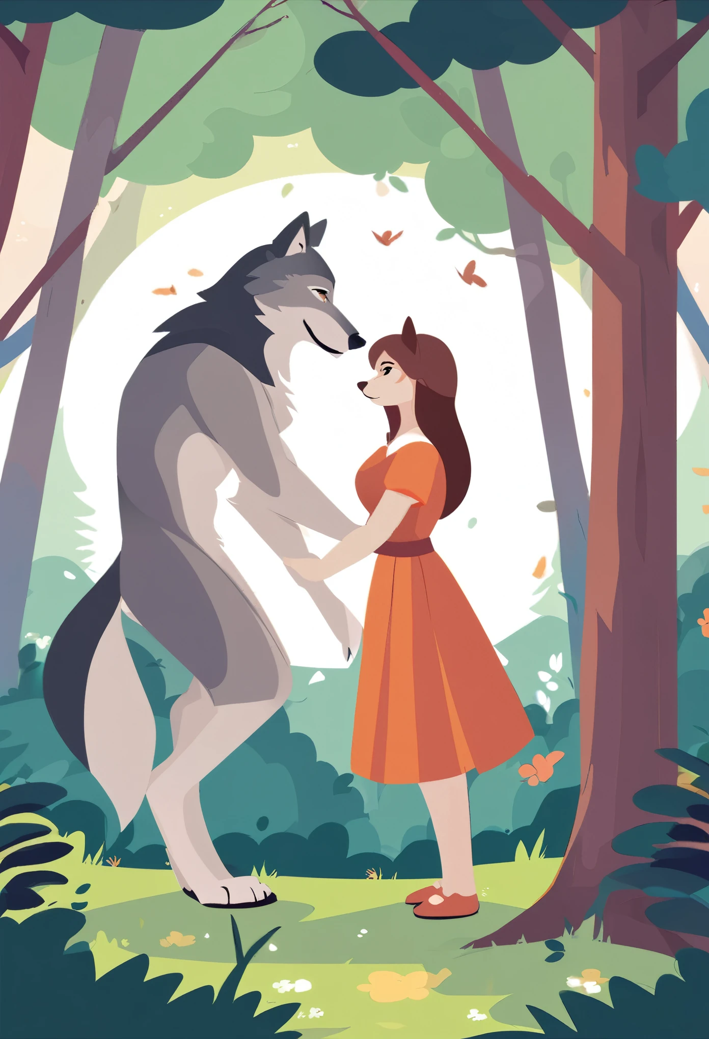 A girl and a wolf meet in the forest, flat Design, vector illustrations,