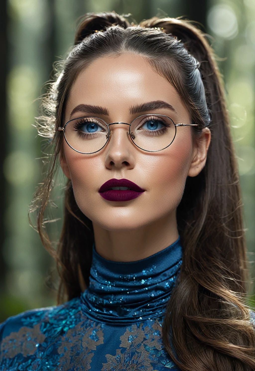 RAW color photo of very high quality and detail, long hair styled in a tied high ponytail, double exposure, sharp lines, monochrome background, 50mm, Canon EOS R10+ effect, focus on art by @DrDB, soft lighting, effect Field depth; (((Realism; 8k definition capabilities; The main scene is a full view of the person's image taken from a distance with an f/1.2 wide-angle camera; realistic image; woman, normal appearance, contemporary style, blue eyes; light brunette , 38 years old, wears square glasses))); ((normal body, thin abdomen, narrow waist)), small, well-shaped eyes; thin and detailed eyebrows, (dark brown hair long hair styled in a high tied ponytail), very detailed skin texture, slight dimple on the face without makeup, small mouth with burgundy lipstick 1.4, long dress 1.6))), facial features clear)); (((photographic, photographic, photogenic))), candid moment, genuine expressions, detailed facial features, emotional depth (radiant expression; looking at the front of the scene: 1,2), (((completely contrasted background))) clothes more ultra-real: 1.8)), legs in front of each other: 1.4, ((exposed detail: 1.4, full focus on scene position (f/1.2)); Sunlight hitting a forest; Spectacular ambient lighting, luminous colors, cinematic atmosphere, realism style, intricate details in high capture (((Ultra-high resolution, physics-based rendering. ((Many bright and colorful particles are flying: 1.5, backlit)) . full-figured woman, calm appearance, bohemian style, blue eyes;