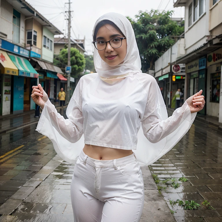 Young beautiful sweet sundanese Bogor city girl, 25 years old, slim body, georgeus face, no underwear must view, wearing wet white thin hijab, wearing wet white thin see through transparent shirt, wearing wet white thin strict see through transparent trousers, standing in the hard rain on the Bogor city street side walk, rain drop visible, water flowing down through all the thing, dense hairy vagina visible through her trousers, happy face, both two hands waving up, realistic normal fingers, wearing wet glasses