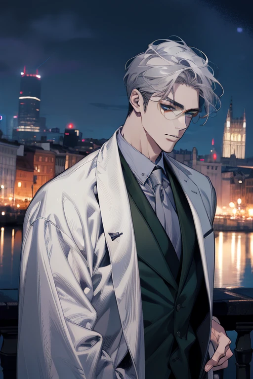 (absurd, high resolution, super detailed, realistic,), 1 male, soloist, adult, mature, tall muscular face, wide shoulders, handsome, large hair, gray hair, green eyes, angular chin, thick neck, thick eyebrows, night, dark, night view from the city background, bathrobe, upper body