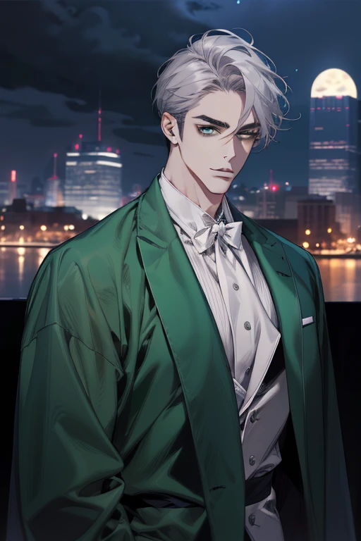 (absurd, high resolution, super detailed, realistic,), 1 male, soloist, adult, mature, tall muscular face, wide shoulders, handsome, large hair, gray hair, green eyes, angular chin, thick neck, thick eyebrows, night, dark, night view from the city background, bathrobe, upper body