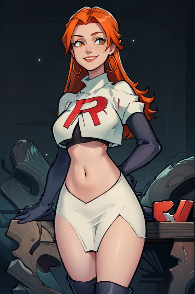 Izzy_Total_Drama, orange hair, Team rocket, team rocket uniform, red letter R, white skirt,white crop top,black thigh-high boots, black elbow gloves, evil smile, night sky background, earrings, large breasts, high-heeled boots