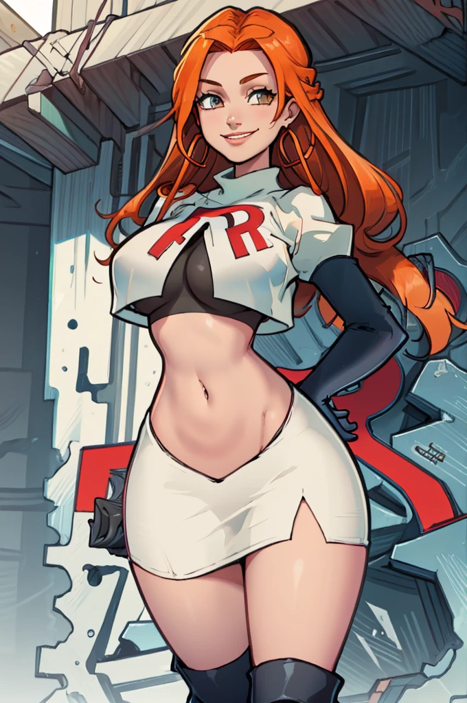 Izzy_Total_Drama, orange hair, Team rocket, team rocket uniform, red letter R, white skirt,white crop top,black thigh-high boots, black elbow gloves, evil smile, night sky background, earrings, large breasts, high-heeled boots