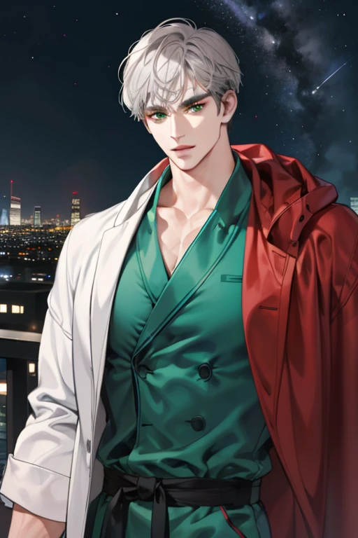 (absurd, high resolution, super detailed, realistic,), 1 male, soloist, adult, mature, tall muscular face, wide shoulders, handsome, large hair, gray hair, green eyes, angular chin, thick neck, thick eyebrows, night, dark, night view from the city background, bathrobe, upper body