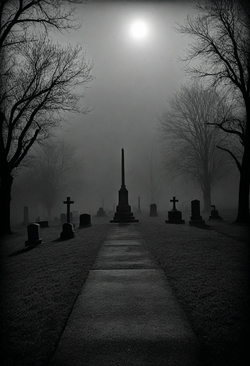 vintage, black metal style vintage distressed black and white xerox of an evil cemetery at night with fog sorrounding the graves, seen from below, masterpiece, best quality, {{top quality}}, (black metal album cover), black and white pencil ansel adams picture of the experience of madness in the context of depression
