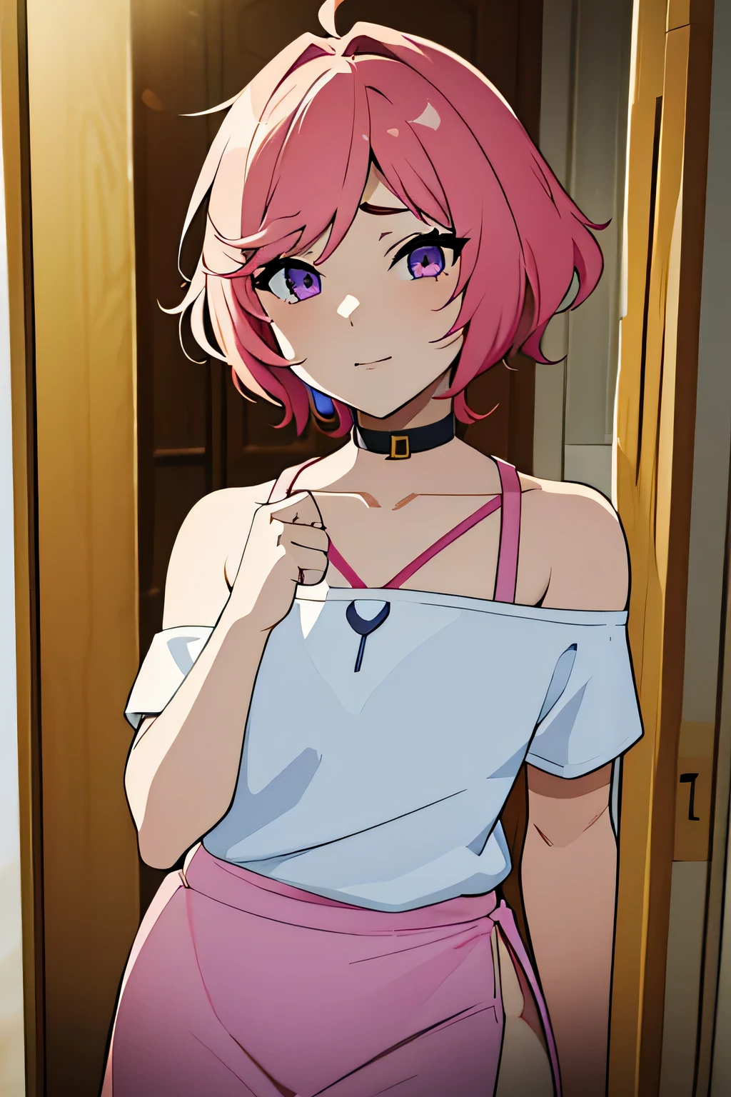 there is a cartoon picture of feminine boy with short pink hair, anime moe artstyle, 1 7 -  - old me, in an anime style, demon femboy, flat anime style, cute, crossdresser, lewd body, curvy, cute outfit, doing a sexy pose