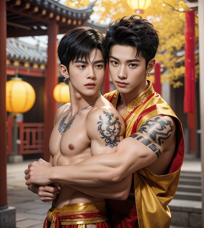 2 Handsome chinese guy fucking, having sex, full naked , 20 years old,hug, cuddle, touching lips, skin ship, romantic, Asian, chinese hansome actor, kpop idol, handsome male model,manly, master work, best picture quality, higher quality, high detail, super high resolution, 8k resolution, perfect eyes, perfect skin, manly jawline, manly chin, perfect hands, big chest muscles, bare chest, tattoos chest, tattoo hands, tattoo arms,earings, ancient pendents, braceles, glowing eyes, short hair, hair details, detailed background , open Hanfu transparent tulle jacket, ((red and golden clothes with silver decoration)), super sexy loincloth, naked, long big erection dick, detailed perfect dick shape, masturbate, Chinese garden background, Chinese kung fu, dragon-themed costumes, monk robes, spinning floating particles, chinese temple in background, looking at viewer