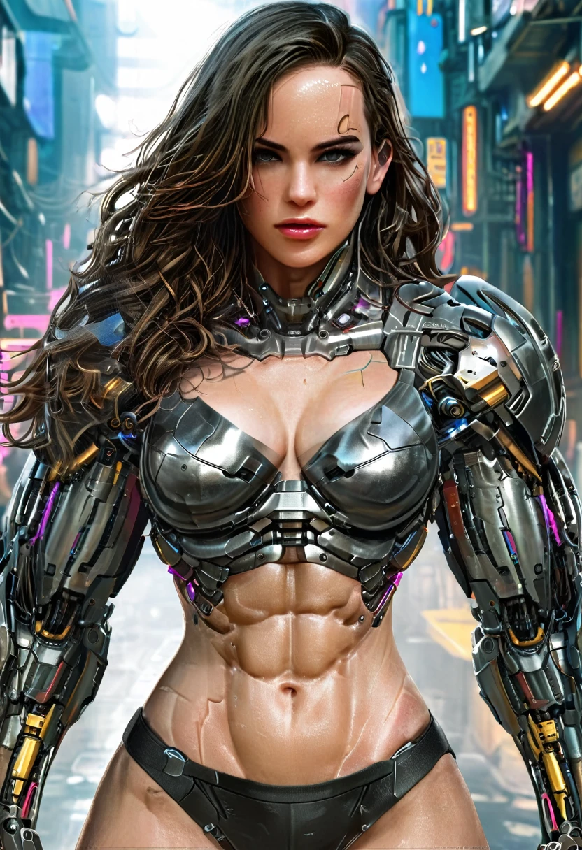 CG 8k hyper realistic detailed cyberpunk style, detailed perfect face, thin curved eyebrows, long luscious eyelashes, black eyeliner, black eye shadow, curved lips, perfect beautiful face, perfect makeup,long luscious wavy hair, perfect body, big curved breast, cyberpunk armored suit,show cleavage, mecha cyborg arms, mecha cyborg legs, full body portrait, shows but crack, show side boob, 