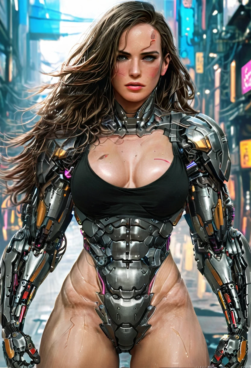 CG 8k hyper realistic detailed cyberpunk style, detailed perfect face, thin curved eyebrows, long luscious eyelashes, black eyeliner, black eye shadow, curved lips, perfect beautiful face, perfect makeup,long luscious wavy hair, perfect body, big curved breast, cyberpunk armored suit,show cleavage, mecha cyborg arms, mecha cyborg legs, full body portrait, shows but crack, show side boob,