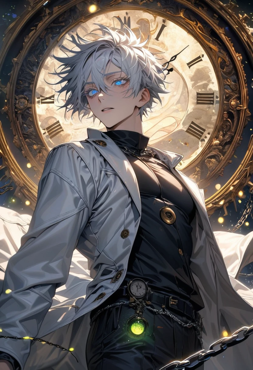 absurdres, highres, ultra detailed, HDR, master piece, best quality, extremely detailed face and eyes, Gojo Satoru, white hair with bangs, hair between the eyes, expressive blue eyes, white eyelashes, Jujutsu Kaisen, solo, sexy man, handsome, white coat, black pants, clock mechanical moon, fantasy, chains, fireflies