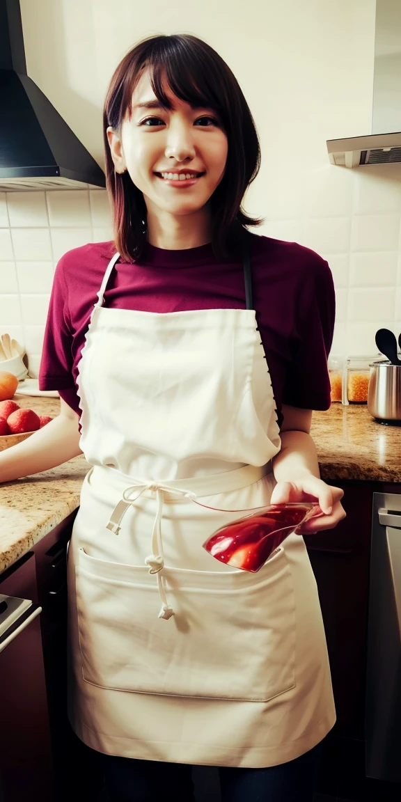 highest quality,Very detailed,masterpiece,Very detailed,figure,Ultra-high resolution, (Realistic:1.4,8k),kitchen,One girl,cute,(apron, ),Day,Grin, face,Black Hair,clear face,