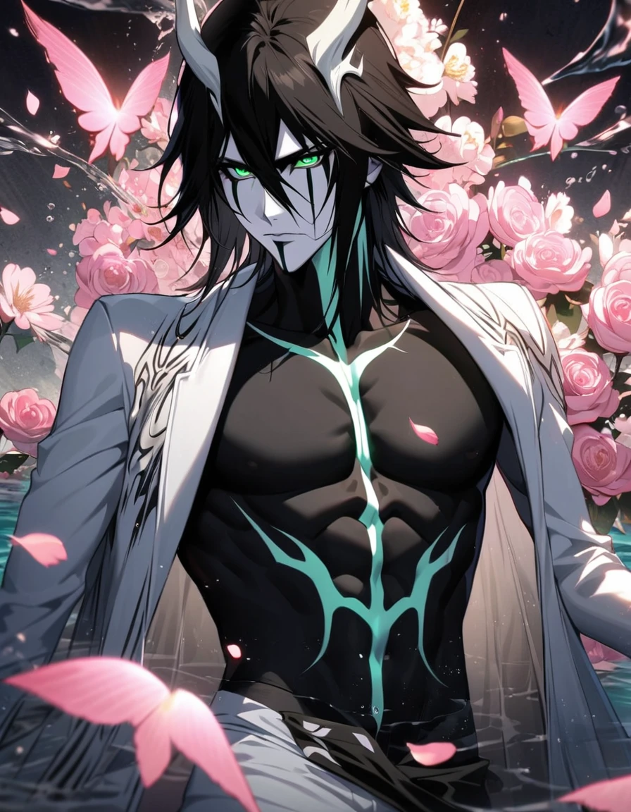 Ultra detailed, Highres, absurdres, Ulquiorra Cifer, black hair, green eyes, pale skin, white long coat with patterns, bleach, pink flowers, petals, extremely handsome, sexy man, toned chest, solo, very detailed eyes and face, black gloves, water, pink butterflies, black tight t-shirt,