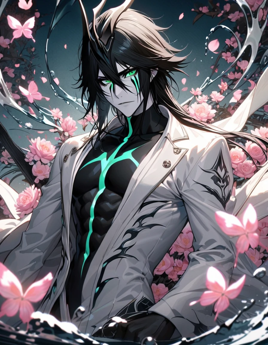 absurdres, highres, ultra detailed, HDR, masterpiece, extremely detailed face and eyes, Ulquiorra Cifer, black hair, hair between the eyes, expressive green eyes, pale skin, Bleach, solo, sexy man, handsome, handsome, white clothes, white pants, purple butterflies, purple petals, purple flowers