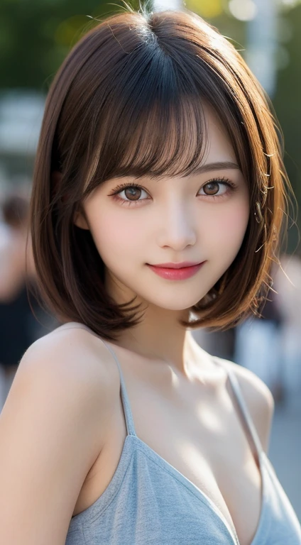 masutepiece, Best Quality, Illustration, Ultra-detailed, finely detail, hight resolution, 8K Wallpaper, Perfect dynamic composition, Beautiful detailed eyes, Women's Fashion Summer,Short Bob Hair,Small breasts natural color lip, Bold sexy poses,Smile,Harajuku、20 years girl、Cute、Sexy shot looking at camera