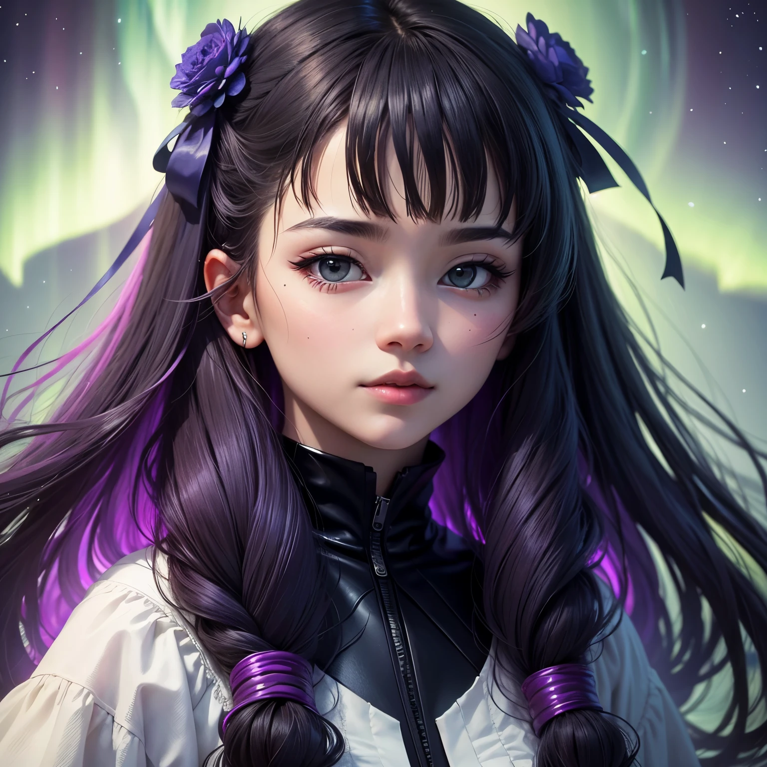 Hair Aurora Borealis、Face up、Lips clearly、Clear lips、Block Aurora Borealis、directly in front、Luminescent、directly in front、smart、simple