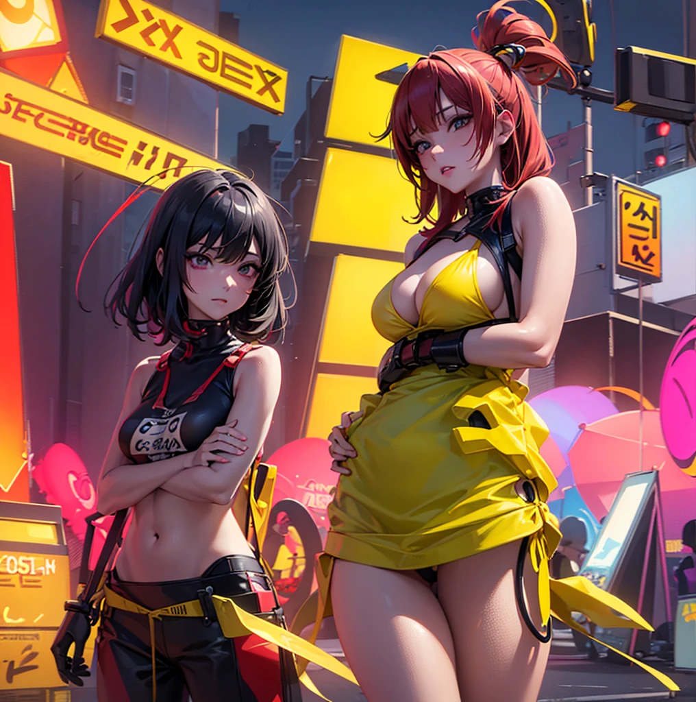 drawing of a woman in a yellow bikini next to a traffic light, some red and purple and yellow, some red and yellow, inspired by Tadanori Yokoo, digital art. colorful comic, [ digital art ]!!, [ conceptual art ]!!, colored sketch anime manga panel, biomechanical oppai, comic digital art, digital art!!, lowres