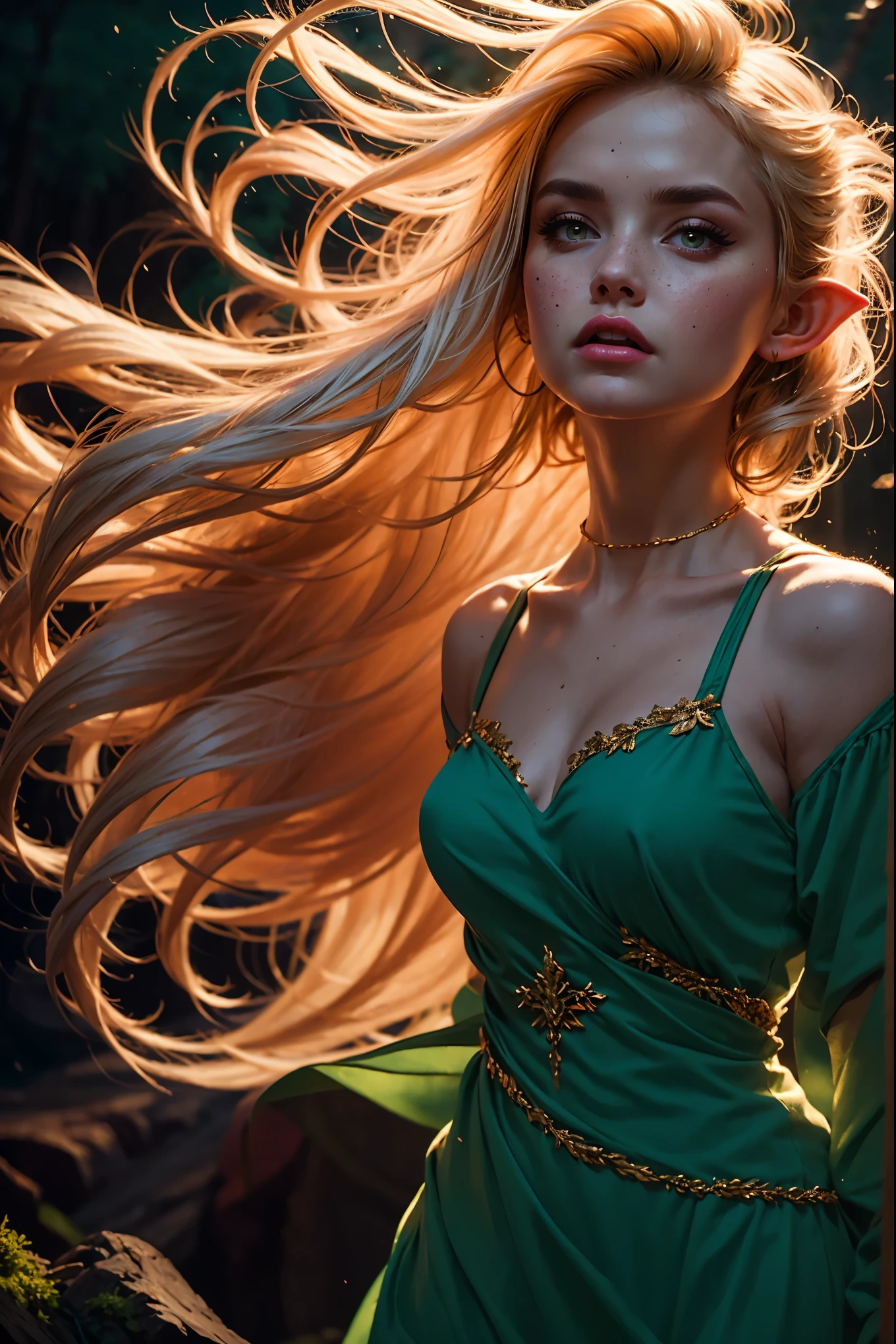 A elf in a long dress being lifted by the wind, straight long white hair, soft moss, ornament of gold, deep forest, deep blue tones, dark atmosphere, brush painting style, sketch, vibrant colors, soft lighting, (masterpiece, best quality:1.2)
