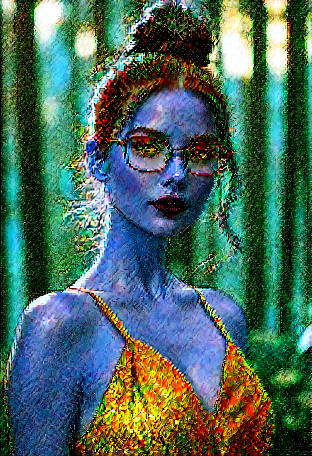 RAW color photo of very high quality and detail, long hair styled in a tied high ponytail, double exposure, sharp lines, monochrome background, 50mm, Canon EOS R10+ effect, focus on art by @DrDB, soft lighting, effect Field depth; (((Realism; 8k definition capabilities; The main scene is a full view of the person's image taken from a distance with an f/1.2 wide-angle camera; realistic image; woman, normal appearance, contemporary style, blue eyes; light brunette , 38 years old, wears square glasses))); ((normal body, thin abdomen, narrow waist)), small, well-shaped eyes; thin and detailed eyebrows, (dark brown hair long hair styled in a high tied ponytail), very detailed skin texture, slight dimple on the face without makeup, small mouth with burgundy lipstick 1.4, long dress 1.6))), facial features clear)); (((photographic, photographic, photogenic))), candid moment, genuine expressions, detailed facial features, emotional depth (radiant expression; looking at the front of the scene: 1,2), (((completely contrasted background))) clothes more ultra-real: 1.8)), legs in front of each other: 1.4, ((exposed detail: 1.4, full focus on scene position (f/1.2)); Sunlight hitting a forest; Spectacular ambient lighting, luminous colors, cinematic atmosphere, realism style, intricate details in high capture (((Ultra-high resolution, physics-based rendering. ((Many bright and colorful particles are flying: 1.5, backlit)) . full-figured woman, calm appearance, bohemian style, blue eyes;