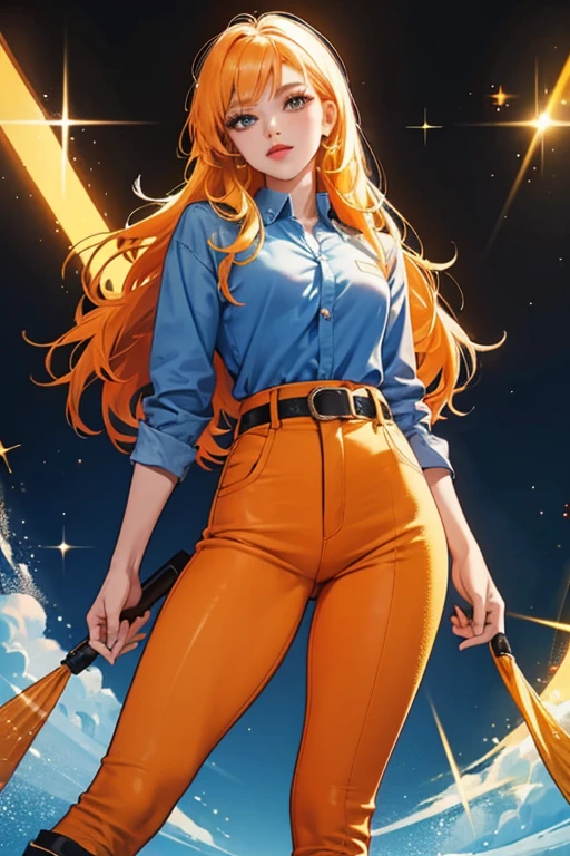 She is an orange  with yellow hair, pink lipstick and a Russian accent. She wears a blue shirt and blue pants with an orange belt along with black boots. SPARKLE; GLITTER