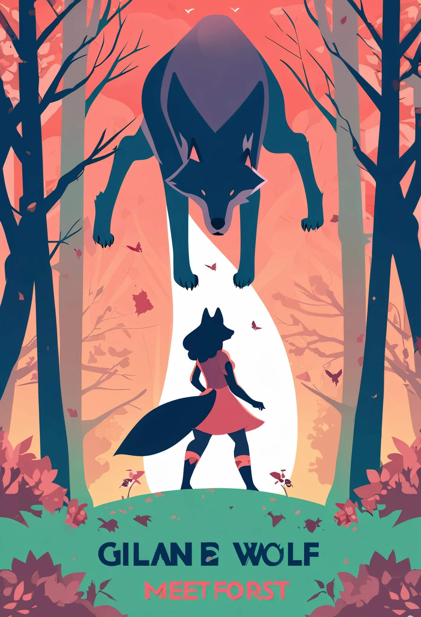 cover page, A girl and a wolf meet in the forest, flat Design, vector illustrations,
