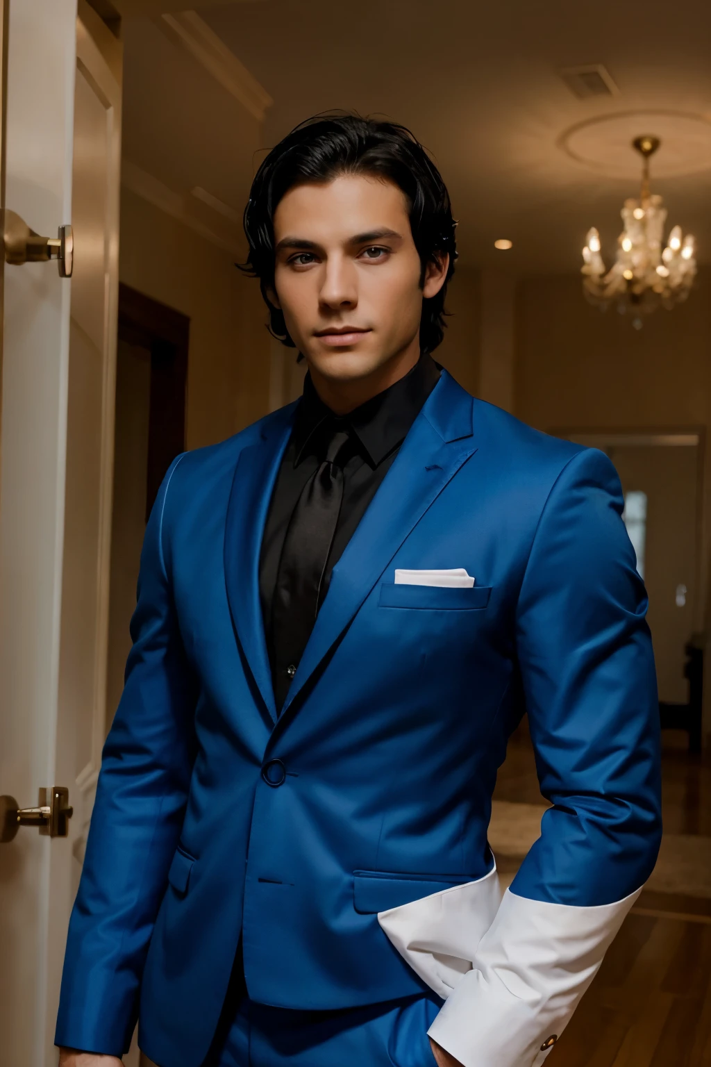 A groom with black hair and blue eyes looks to the right with confidence, with prominent and muscular muscles.