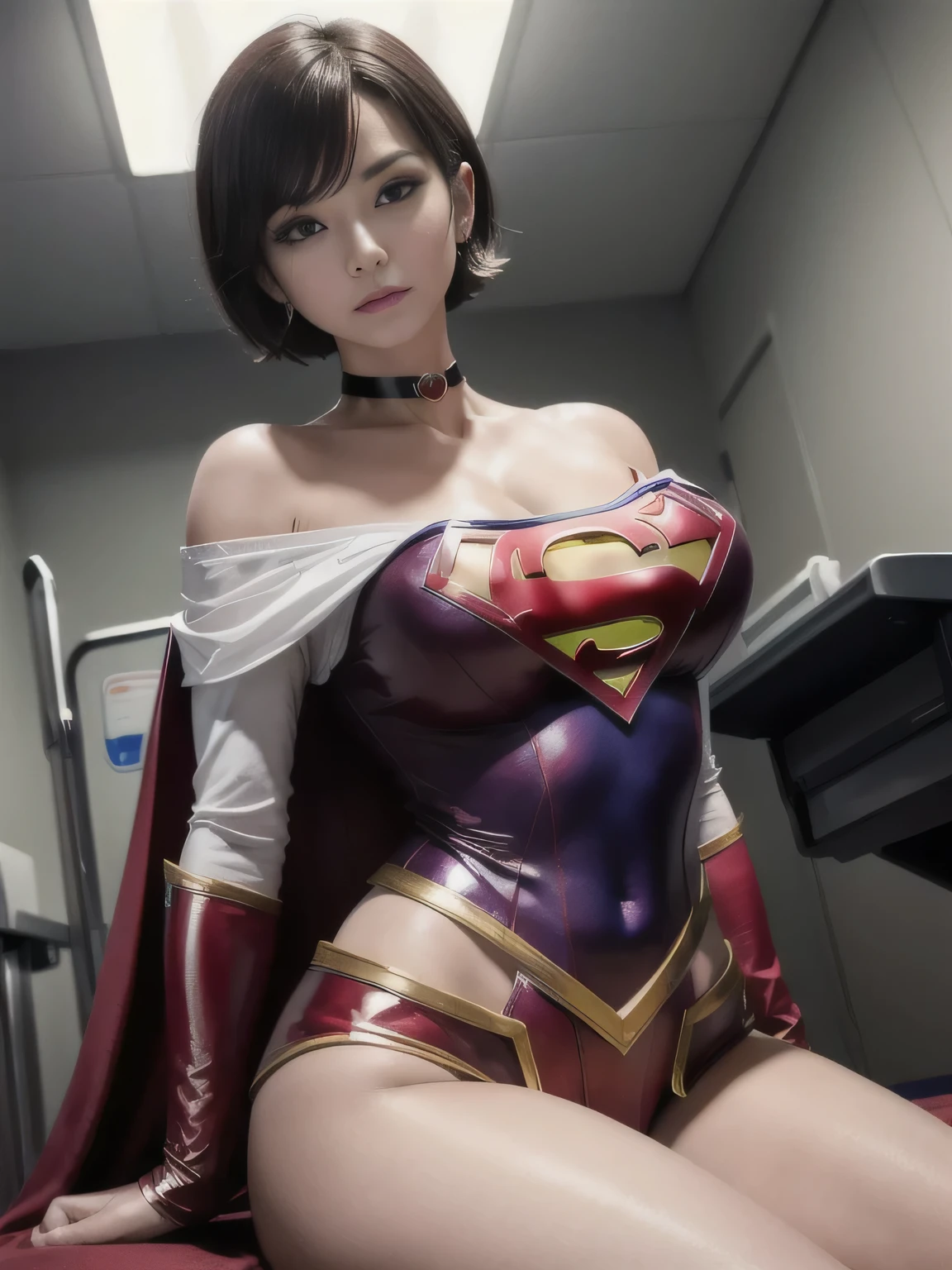 masterpiece、Enamel Supergirl Costume、Short Hair、Hospital operating table、Crisis situation、Big and ample breasts、looking at the camera、Shiny、Off the shoulder、choker、Long sleeve、Red exy poses to seduce、Sweaty、Model Body Type、Alluring、charm、Enchanting、abused、test subject、victim、Wild、