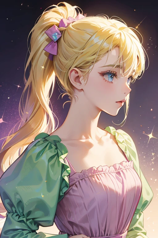 She is a light green , with blonde hair tied up in two ponytails on the right and left sides of her hair, and wears a light purple dress, which has a pink top. SPARKLE; GLITTER