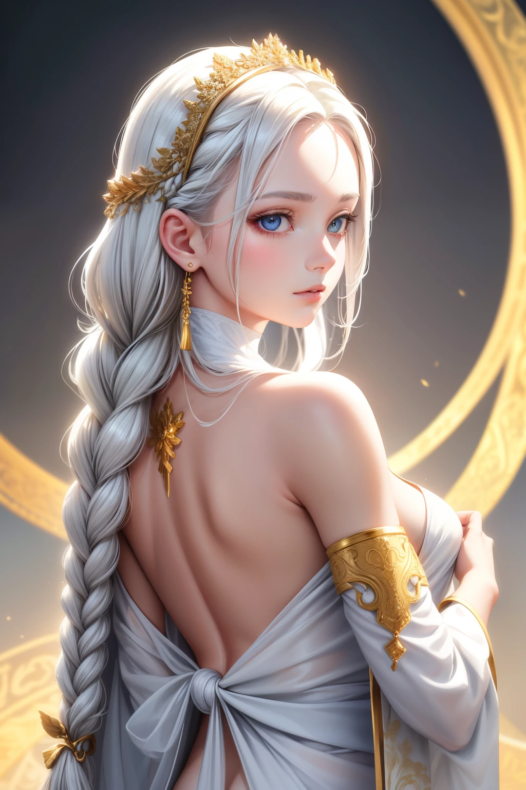 Best quality, masterpiece featuring a woman with white hair and mesmerizing gold eyes. (1 subject)
White clothes gracefully cling to her upper body, revealing intricate detail of each hair strand and the fairness of her skin. (best quality, highres:1.2)
Her hair, adorned with side braids, cascades down her back in a realistic and photorealistic manner, as if captured by the lens of a high-end camera in 8k, full HD, or even super resolution.
The depth of field brings focus to her piercing gold eyes, while the overall scene exudes an air of tranquility and serene beauty. (Photore