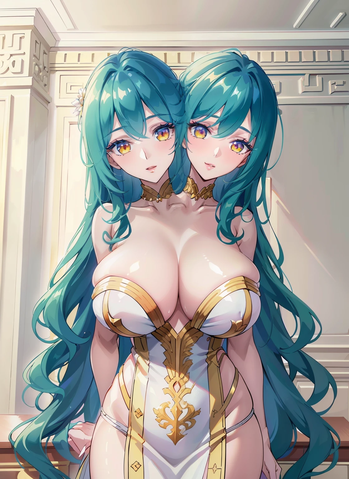 (masterpiece),(ultra-detailed), (high quality), (high resolution), (best quality:1.5, highres, UHD), highres, absurdo, ultra detail, ultra quality, Ultra resolution, 16k, 1girl, (3heads:1.5), anime girl with three heads, ((blue green hair)), (breathtaking),(expressive eyes, perfect face) 1girl, female, solo, young adult, yellow eyes color, stylised hair, (gentle smile), long length hair, loose hair, side bangs, wavy curley hair, ((ancient greek clothes)), elegant, ((long white dress)), background field, flowers in background, looking towards viewer, jewellery, seductive girl, seductive expressing, large breasts