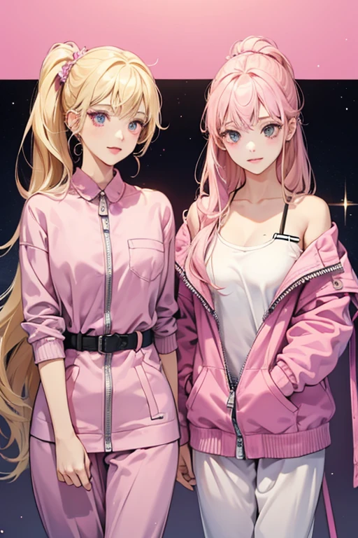 They are two identical female twins who have lavender skin and pink lips. They have medium violet red pajamas with more pinkish parts on the bottom with a pink zipper. They have blonde hair and black eyes. SPARKLE; GLITTER