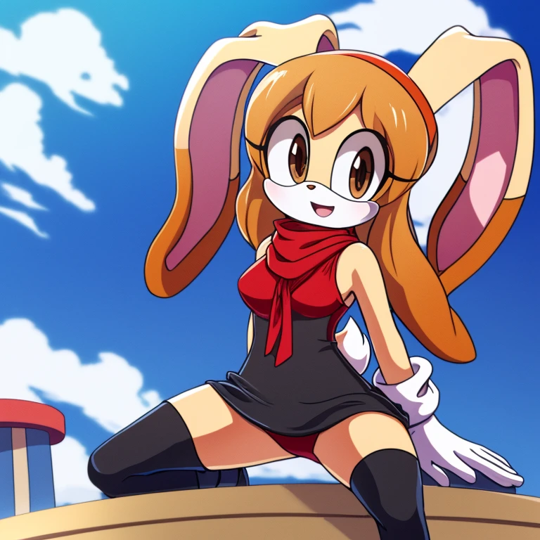 Female, Mobian, Rabbit, Cream the Rabbit, sonic the hedgehog \(series\), rabbit girl, ((solo)), ((1girl)), ((hairstyles, long wavy hair with curtain side bangs, similar to Maria)), brown eyes, (eyes open), mad, young adult, average sized breasts, hair on top of shoulders, long peach hair color that’s is wavy, wearing a blue anime styled scarf, wearing a red one piece, knee length tights, black boots, white gloves, (((2D Anime Style))), 