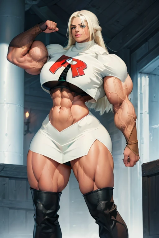 (((((Massive tall, beautiful, buff, brown skinned muscular goddess woman with white hair, ginormous bulky muscles and wearing a team rocket uniform with skirt))))), close view, (massive muscles), massive biceps, hyper muscle shoulders (ginormous muscle arms), vascular shoulders, hyper muscle triceps, (long hair), blue eyes, choker, black thigh high boots, (white gauntlets), on the rooftop, confidant smile, night, hyper vascular arm, hyper muscles arms, hyper muscle legs, (ginormous arms).