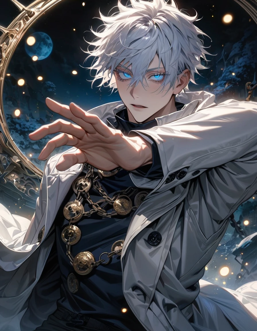 absurdres, highres, ultra detailed, HDR, master piece, best quality, extremely detailed face and eyes, Gojo Satoru, white hair with bangs, hair between the eyes, expressive blue eyes, white eyelashes, Jujutsu Kaisen, solo, sexy man, handsome, white coat, black pants, clock mechanical moon, fantasy, chains, fireflies